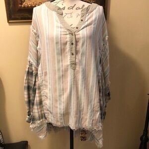 Wash Oli & Hali bohemian partial button fringe trim plaid & striped HiLo hem top